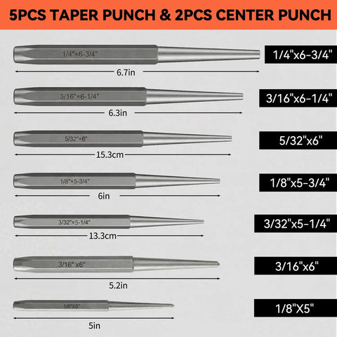 Heavy Duty 16 Piece Punch And Chisel Set For Tough Metalworking Jobs With Cr-V Steel Tapered Pin Center Punches And Cold Chisels Perfect For Pro Auto Repair Shop Work That Gets The Job Done Right, 5pcs taper punches and 2 center punches displayed with sizes