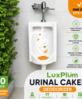 Ten Pack Long Lasting Orange Scent Urinal Screens Deodorizers With Splash Control Tech That Knock Out Nasty Smells in a ceramic urinal