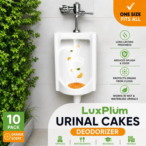 Ten Pack Long Lasting Orange Scent Urinal Screens Deodorizers With Splash Control Tech That Knock Out Nasty Smells in a ceramic urinal