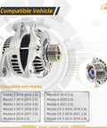 Side view of 12V 100A High Output Replacement Alternator With 6 Groove Pulley For Mazda CX5 CX3 MX5 Miata And Toyota Yaris Yaris iA Scion iA Fits 2013-2019 And 2022-2023 Mazda Models.