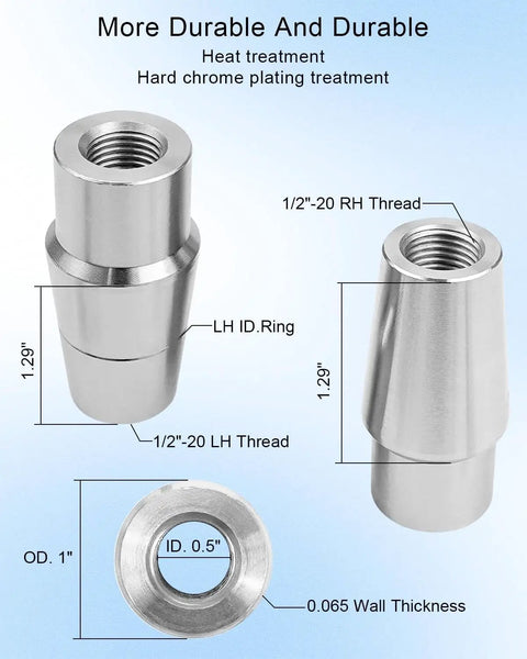 Half Inch Rod End Kit With Panhard Joints Left And Right Hand 20 TPI Thread Chromoly Linkage Joint Heat Treated For Maximum Strength Fits One Inch Tube OD 0.065 Inch Wall Five Inch ID Includes Tube Adapter And Locknut. left and right rod ends shown with 1/2-20 threads and 1 in tube dimensions