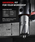 Heavy Duty Magnet Mount Carbide Tipped Annular Cutter 1/2 Inch By 1-3/8 Inch Depth close-up showing cutting depth on metal.