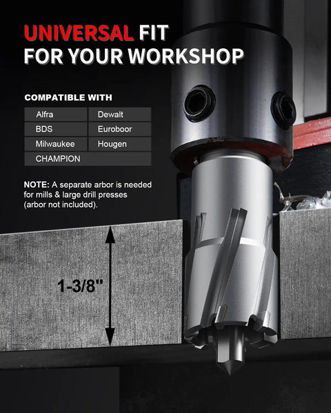 Heavy Duty Magnet Mount Carbide Tipped Annular Cutter 1/2 Inch By 1-3/8 Inch Depth close-up showing cutting depth on metal.