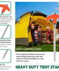 Image of people in a tent with a close-up of the orange-capped 8 inch camping stake from the Twenty Pack 8 Inch Screw In Tent Stakes.