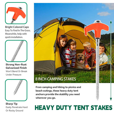 Image of people in a tent with a close-up of the orange-capped 8 inch camping stake from the Twenty Pack 8 Inch Screw In Tent Stakes.