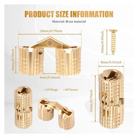 Hidden Brass Barrel Hinges 8Mm For Small Boxes And Jewelry Keepsake Chests 10 Pack with size and material details