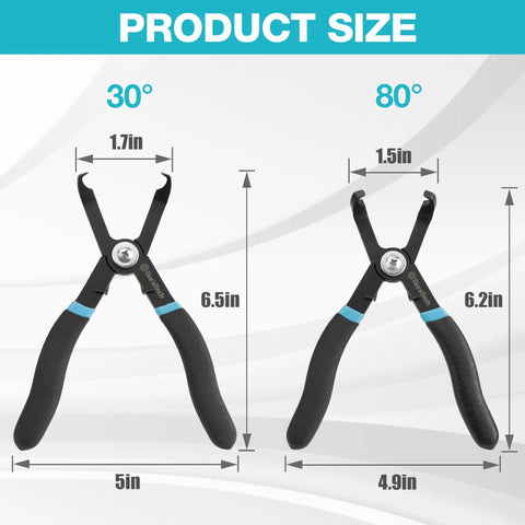 2 Piece Push Pin Pliers Set With Spring Loaded Jaws And 30 Degree And 80 Degree Offset Angles, product sizes shown