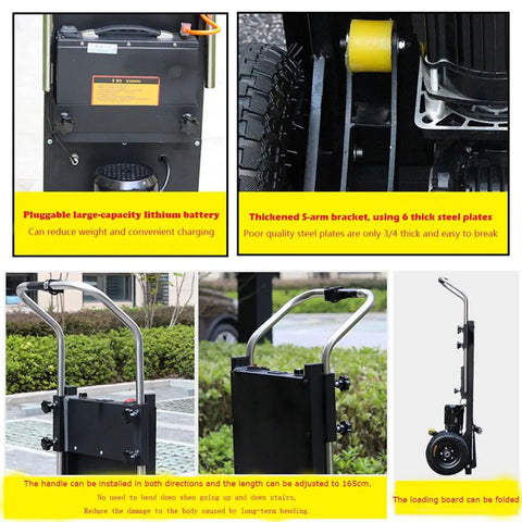 Heavy Duty Electric Hand Truck For Stairs Climbing Cart With Brushless Motor And 400Kg Load Capacity close-up of battery and S-arm bracket.