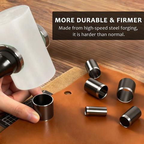 Pro Grade Leather Circle Cutter Tool Set 13 Piece Circle Punch Kit With Diameters From 3mm To 25mm in use on leather surface