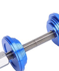 Close-up of Bottom Bracket Press Tool With CNC Knurling Stainless Steel Build, blue aluminum blocks and screw rod.
