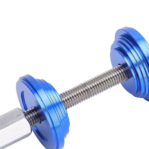 Close-up of Bottom Bracket Press Tool With CNC Knurling Stainless Steel Build, blue aluminum blocks and screw rod.