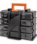 Black organizer box with multiple pull-out drawers, orange handle, compact design for tools and parts storage