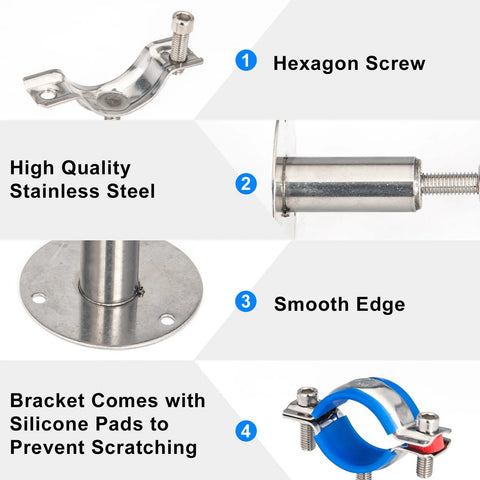 Front view of Kodilin 4-pack stainless steel pipe supports for 3/4 in OD pipe; adjustable height 50–100 mm; includes screws.