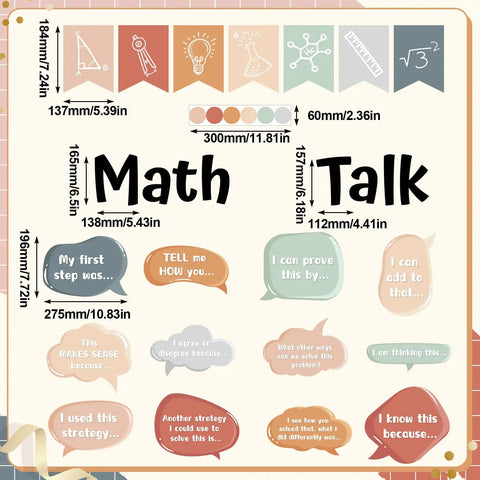 43 Pcs Math Talk Bulletin Board Set for Classrooms with Visual Cues and Sentence Starters, colorful speech bubbles and math symbols