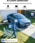 4K PoE Security Camera System With Eight 8MP Cameras, Smart Person And Vehicle Detection showing alerts for person, dog, and car