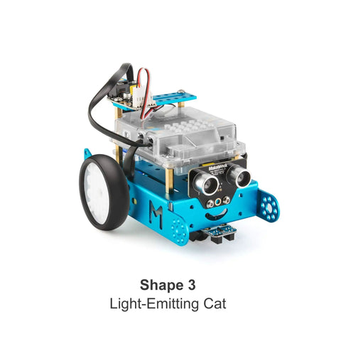 Three In One Servo Pack For mBot Upgrade Turns Your Bot Into A Dancing Cat, A Head Shaking Cat, Or A Light Emitting Cat With Easy To Follow Assembly Guide And Quick Setup Ideal For STEM Projects And Makers. light-emitting cat mBot robot with servo kit