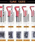 Helicoil Thread Repair Kit With 261 Pieces Includes Installation Tool, Twist Drill, Break Pin, Tap, Thread Inserts And Hex Keys For Metric M5 M6 M8 M10 M12 And SAE 1/4, 5/16, 3/8, 7/16, 1/2 Inch Rethreading Kit For Auto, Motorcycle, And Machinery showing SAE size tools and inserts.