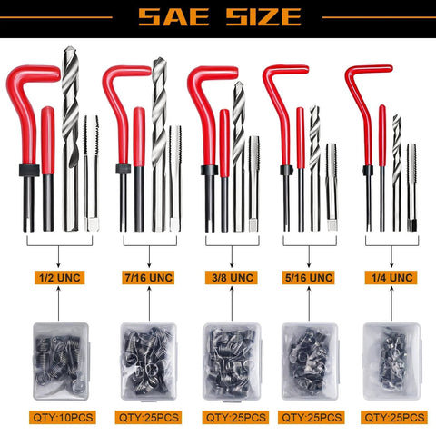 Helicoil Thread Repair Kit With 261 Pieces Includes Installation Tool, Twist Drill, Break Pin, Tap, Thread Inserts And Hex Keys For Metric M5 M6 M8 M10 M12 And SAE 1/4, 5/16, 3/8, 7/16, 1/2 Inch Rethreading Kit For Auto, Motorcycle, And Machinery showing SAE size tools and inserts.