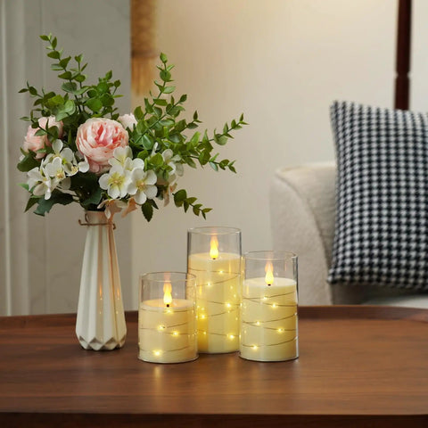 Dope Flameless LED Candles With Embedded Fairy Lights Battery Operated Acrylic Candles With Remote And Timer Ivory White Set Of 3