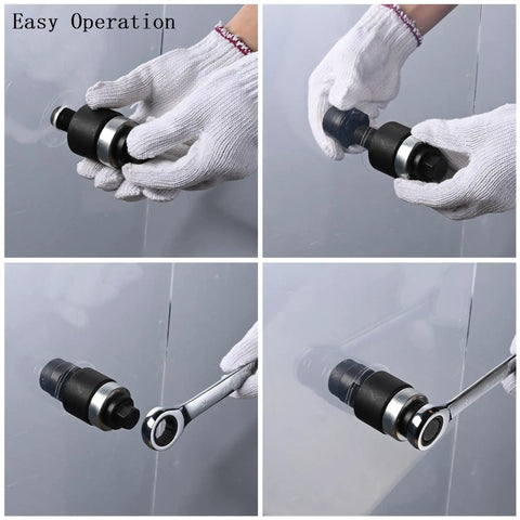 Using Beefy 6 Ton Manual Knockout Hole Punch Kit with Ratchet on metal panel, easy operation for conduit holes, includes six die set.