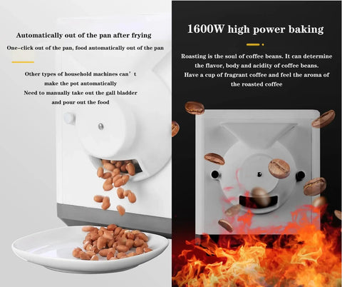 Electric Coffee And Nut Roaster Machine 1600 Watt Automatic Stirring Non Stick Pan beans pouring out after roasting.