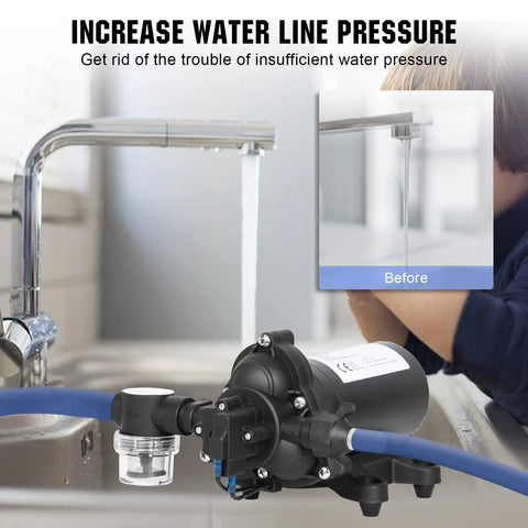 33-Series 110V AC Water Diaphragm Pump With 4.0 GPM At 50 PSI installed at a kitchen sink for fresh water flow, eliminating low pressure