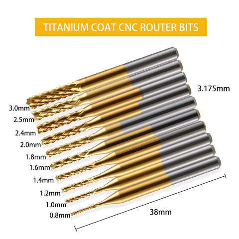 Dope Pro Grade 10 Piece Titanium Coated End Mills Set With 1 Eighth Inch Shank Micro Engraving Router Bits for CNC Machines and Rotary Tools