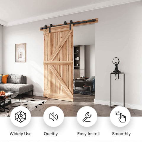 5.5 Foot Bypass Double Sliding Barn Door Hardware Kit With Single Track For 38 Inch Doors installed in living room