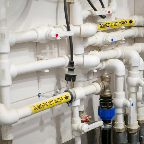 Domestic Hot Water Pipe Label Roll With Self Sticking Markers, 1 Inch High By 8 Inch Wide Yellow Plastic Film, Easy Peel And Apply, 25 Labels Per Roll For A No Fuss, Quick Identification Of Pipes on white pipes