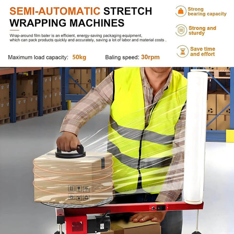 Automatic Electric Pallet Wrapping Machine For Fast Warehouse Packaging, A Real Workhorse Film Wrapper For Cartons And Parcels, Compatible With 27.5 Inch Film Width, Energy Efficient, Labor Saving, Dustproof And Moisture Protective. warehouse film wrapper with worker wrapping box on pallet