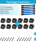 Image showing package of six 12-inch magnetic tool holder strips with mounting brackets, screws, and anchors for garage organization.