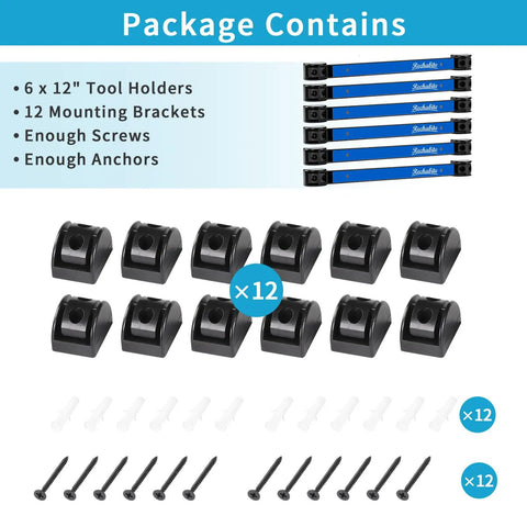 Image showing package of six 12-inch magnetic tool holder strips with mounting brackets, screws, and anchors for garage organization.