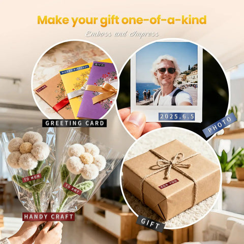 Super Slick Manual 3D Embossing Label Maker With Tape Roll inkless labels on greeting cards, photos, and gift wrapping.