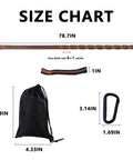 Size chart for Two Pack Hammock Straps with Carabiners, including dimensions of strap, bag, and carabiner.