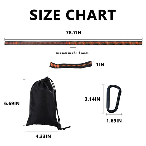 Size chart for Two Pack Hammock Straps with Carabiners, including dimensions of strap, bag, and carabiner.