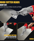 Brushless Cordless Metal Shears With LED And LCD Display cutting steel plate, showing carbide cutter heads and efficient cuts