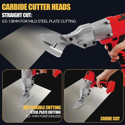 Brushless Cordless Metal Shears With LED And LCD Display cutting steel plate, showing carbide cutter heads and efficient cuts