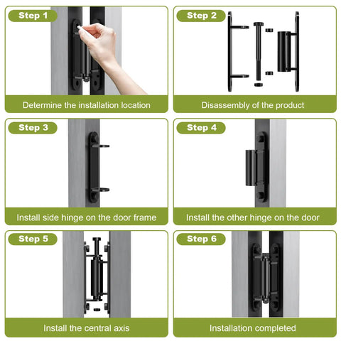 Heavy Duty Gate Hinges 7-Inch Silent Bearing Outdoor Gate Hardware, Stainless Steel Strength For Any Weather, Waterproof And Rust-Resistant, Easy Install With Included Screws, installation steps shown