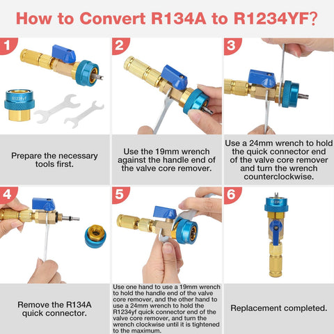 Step-by-step guide on using AC Valve Core Remover Tool Kit With Quick Release for R134a and R1234yf showing conversion process