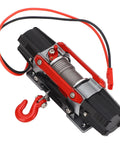 Premium CNC Dual Motor Winch Kit Metal Alloy for 1/10 And 1/8 Scale RC Cars with red hook and cables, showcasing durable material.