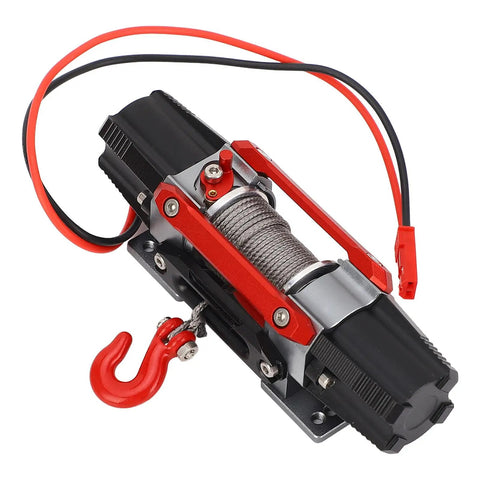 Premium CNC Dual Motor Winch Kit Metal Alloy for 1/10 And 1/8 Scale RC Cars with red hook and cables, showcasing durable material.