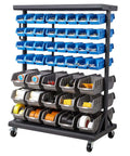 Seven Tier Double Sided Rolling Bin Storage Rack With Ninety Four Plastic Bins On Wheels in front view