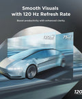 Futuristic car displayed with 120Hz and 75Hz refresh rate comparison for enhanced clarity and smooth visuals.