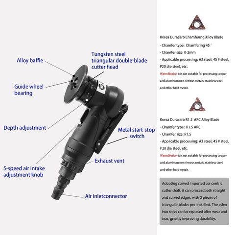 Handheld Pneumatic Chamfering Tool For Metal And Wood Deburr Edge Beveling Machine With C And R Angle Blades 45 Degree Arc Trimming Router High Speed Air Powered Power Tool shown with adjustable features.