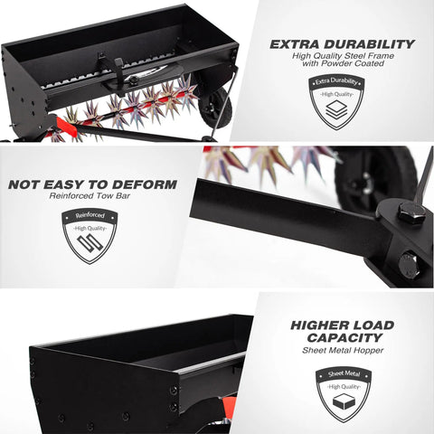 40 Inch Tow Behind Spiker Seeder Combo Aerator And Spreader For Lawn Care, steel frame and hopper detail, durability features