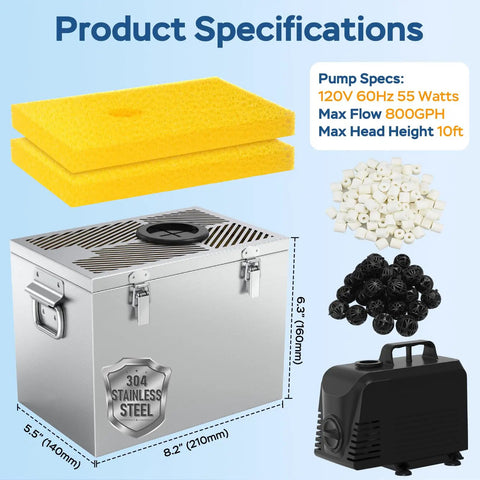 All-In-One Pond Waterfall Kit With LED Light, 18-Inch Stainless Steel Spillway, 800 GPH Pump, 3-Stage Filtration components visible