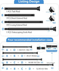 Illustration of Adjustable No Drill Curtain Rod For Windows And Doors Black Spring Tension design and installation sizes.