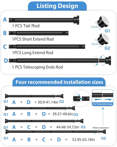 Illustration of Adjustable No Drill Curtain Rod For Windows And Doors Black Spring Tension design and installation sizes.