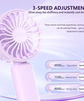 Purple fan from Four Pack USB Rechargeable Mini Handheld Fans Set With 3 Speeds shown with speed adjustment options.
