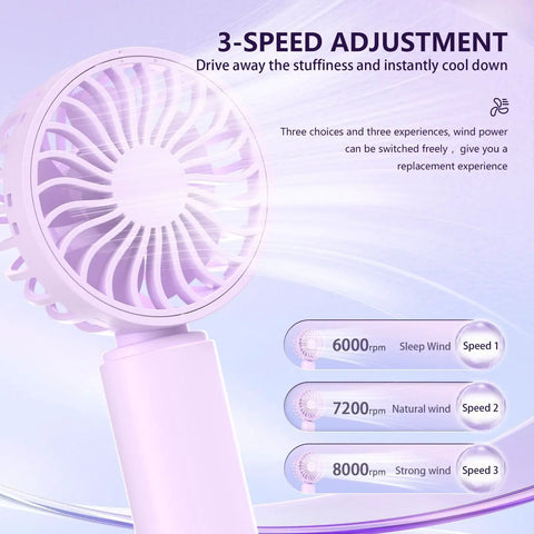 Purple fan from Four Pack USB Rechargeable Mini Handheld Fans Set With 3 Speeds shown with speed adjustment options.